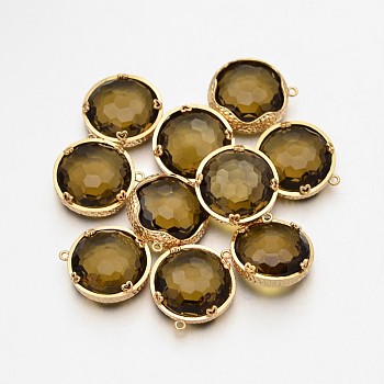Golden Plated Brass Glass Pendants, Faceted Flat Round, Coffee, 21.5x20x10mm, Hole: 1mm
