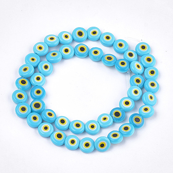 Handmade Evil Eye Lampwork Beads Strands, Flat Round, Sky Blue, 7.5~8x3~4mm, Hole: 1mm, about 48pcs/strand, 13.7 inch~14.9 inch