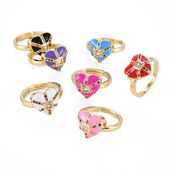 Adjustable Brass Micro Pave Colorful Cubic Zirconia Finger Rings, with Enamel, Nickel Free, Heart, Real 16K Gold Plated, Mixed Color, US Size 6 3/4(17mm)