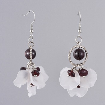 Dangle Earrings, with Natural Garnet Chip Beads, Frosted Acrylic Pendants, Brass Earring Hooks and Iron Finding, Flower, 58~61mm, Pin: 0.6mm