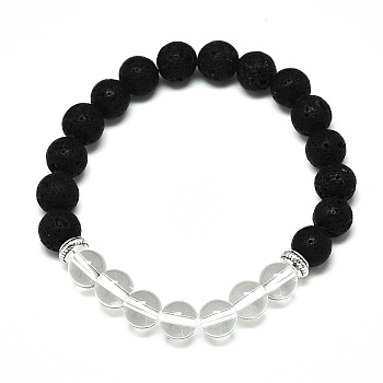 Natural Quartz Crystal Beads Stretch Bracelets, with Synthetic Lava Rock Beads and Alloy Beads, Round, Inner Diameter: 2-1/8 inch(5.5cm), Beads: 8.5mm