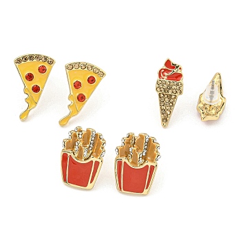 Pizza French Fries Ice Cream Alloy Rhinestone Stud Earrings, Food Enamel Earrings for Women, Golden, 17~20x8~12mm, 3pairs/set