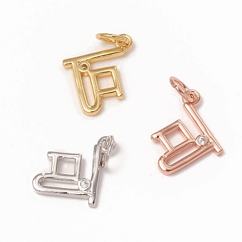 Brass Micro Pave Clear Cubic Zirconia Chinese Symbol Charms, with Jump Rings, Long-Lasting Plated, Chinese Character, Mixed Color, 14x11x1.5mm, Jump Ring: 5x0.7mm, Inner Diameter: 3.6mm