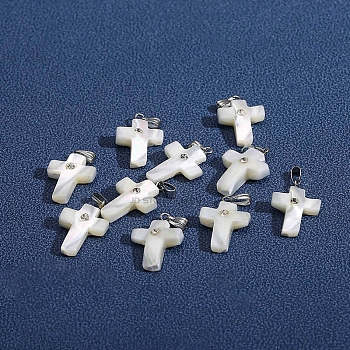 Natural White Shell Pendants, Cross Charms with Platinum Plated Metal Snap on Bails, White, 20x14x4mm