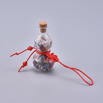 Transparent Glass Wishing Bottle Pendant Decoration, with Natural Mixed Stone Chips inside, Cork Stopper, Chinese Knot Nylon Cord and Glass Beads, Gourd, 105~115mm