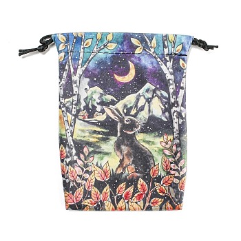 Double Face Printed Velvet Storage Bags, Drawstring Pouches Tarot Cards Packaging Bag, Rectangle, Rabbit, 17.9x13cm