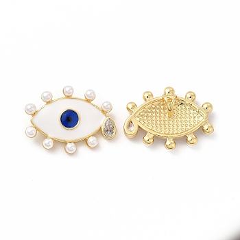 Rack Plating Brass Cubic Zirconia Pendants, with Plastic Imitation Pearl & Enamel, Cadmium Free & Lead Free, Real 18K Gold Plated, Long-Lasting Plated, Evil Eye with Teardrop Charm, White, 18.5x25x4mm, Hole: 3x4mm