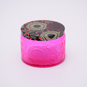 Glass Storage Box, Container for Jewelry, Aromatherapy Candle, Candy Box, with Slip-on Lid, Flower Pattern, Fuchsia, 7.1x5.2cm, Capacity: 125ml(4.23 fl. oz)