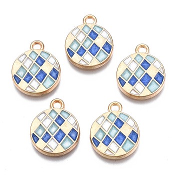 Alloy Enamel Pendants, Cadmium Free & Lead Free, Light Gold, Flat Round with Quadrangle, Aquamarine, 17x14x2mm, Hole: 1.8mm