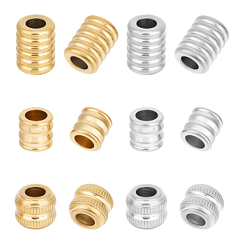 12Pcs 6 Style 304 & 201 Stainless Steel Beads, Large Hole Beads, Grooved Beads, Column, Golden & Stainless Steel Color, 9~12x10~14mm, hole: 6mm, 2pcs/style