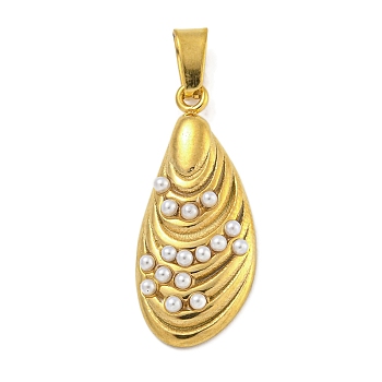 Teardrop Ion Plating(IP) 304 Stainless Steel Pendants, with ABS Imitation Pearl, Golden, 25x11x4mm, Hole: 5x2.5mm