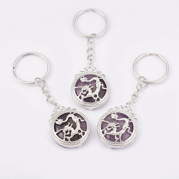 Natural Amethyst Keychain, with Iron Key Rings, Flat Round with Dragon, Platinum, 80mm, Pendant: 34.5x26x8.5mm