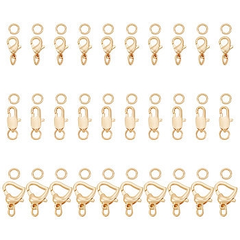 Elite 30Pcs 3 Styles Alloy Lobster Claw Clasps, with Jump Rings, Light Gold, 10~14x5.5~10x2.5~4mm, Hole: 3~3.4mm, 10pcs/style