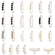PandaHall Elit 24Pcs 24 Style Plastic Imitation Pearl Beaded Safety Pin Brooches Set, Iron Sweater Shawl Clips for Waist Pants Extender Clothes Dresses Decorations, Platinum & Light Gold, 38.5~78x10.5~19x4~14mm, pin: 1~1.5, 1Pc/style(SJEW-PH0001-10)