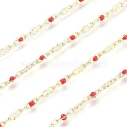 Brass Oval Link Chains, with Enamel & Spool, Unwelded, Long-Lasting Plated, Real 18K Gold Plated, Red, Oval link: 5.5x2x0.5mm and 2.8x1.8x0.5mm, about 32.8 Feet(10m)/roll(CHC-K009-14G-D)