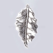 Tibetan Style Alloy Pendants, Leaf, Antique Silver, 46.5x25x3mm, Hole: 1mm(TIBE-F025-08AS)