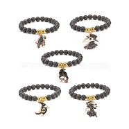 Natural Lava Rock Round Beaded Stretch Bracelet with Halloween Alloy Enamel Charm, Essential Oil Gemstone Jewelry for Women, Mixed Patterns, Inner Diameter: 2-1/8 inch(5.5cm)(BJEW-JB08012)