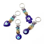 Natural & Synthetic Gemstone Beaded & Handmade Lampwork Pendants Keychain, with Brass, Iron, 304 Stainless Steel & Alloy Findings, Mix-shaped with Evil Eye, Medium Blue, 12.45~14.2cm(KEYC-JKC00344)