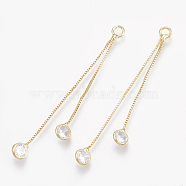 Brass Box Chain Tassel Pendants, with Cubic Zirconia, Clear, Real 18K Gold Plated, 47mm, Hole: 1.5mm(KK-S348-058)