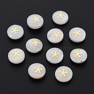Natural Freshwater Shell Beads, with Golden Plated Brass Metal Embellishments, Flat Round with Flower, Seashell Color, 8x4.5mm, Hole: 0.6mm(SHEL-N003-22-09)