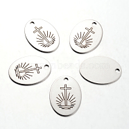 Spray Painted Stainless Steel Pendants, Oval with Cross Pattern, Stainless Steel Color, 30x22x1mm, Hole: 3mm(STAS-I048-M07)