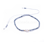 Adjustable Nylon Thread Braided Beads Bracelets, with Glass Seed Beads and Grade A Natural Freshwater Pearls, Steel Blue, 2-1/8 inch(5.3cm)(BJEW-JB04375-04)