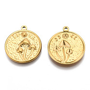 201 Stainless Steel Pendants, Flat Round with Mushroom Charm, Real 18K Gold Plated, 29x25x3mm, Hole: 1.8mm(X-STAS-N098-143LG)