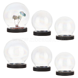 PandaHall Elite 6 Sets 3 Style Iridescent Glass Dome Cover, Decorative Display Case, Cloche Bell Jar Terrarium with Wood Base, for DIY Preserved Flower Gift, Round, Black, 30~40x32~44.5mm, 2 sets/style(DJEW-PH0001-26A)