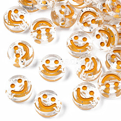 Transparent Acrylic Beads, Horizontal Hole, with Glitter Powder & Enamel, Flat Round with Smile Face, Gold, 10x5mm, Hole: 2mm, about 1600pcs/500g(MACR-N008-55G)