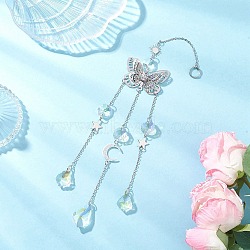 Butterfly Brass Hanging Suncatchers, Glass Leaf Tassel for Outdoor & Garden Decor, Platinum, Clear AB, 290mm(HJEW-JM04249)