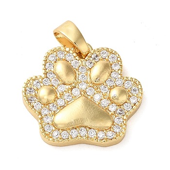 Brass Micro Pave Clear Cubic Zirconia Pendants, Paw Print Charms, Real 18K Gold Plated, 15x16x3mm, Hole: 2x2.5mm