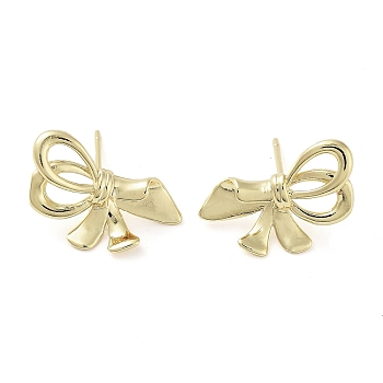 Brass Studs Earrings, Long-Lasting Plated, Lead Free & Cadmium Free, Bowknot, Real 18K Gold Plated, 13x22mm