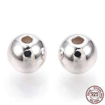 925 Sterling Silver Beads, Round, Silver, 7x6.5mm, Hole: 1.8mm
