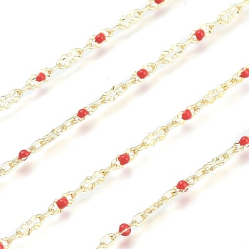 Brass Oval Link Chains, with Enamel & Spool, Unwelded, Long-Lasting Plated, Real 18K Gold Plated, Red, Oval link: 5.5x2x0.5mm and 2.8x1.8x0.5mm, about 32.8 Feet(10m)/roll