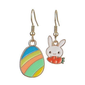 Easter Themed Alloy Enamel Dangle Earrings, Rabbit & Egg Asymmetrical Earrings, Deep Sky Blue, 30~38x11~14mm
