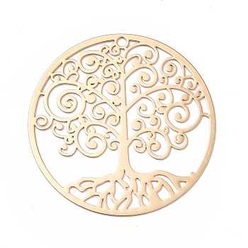 Rack Plating Brass Filigree Pendants, Long-Lasting Plated, Flat Round with Tree of Life, Light Gold, 35x0.3mm, Hole: 1.6mm