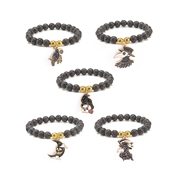 Natural Lava Rock Round Beaded Stretch Bracelet with Halloween Alloy Enamel Charm, Essential Oil Gemstone Jewelry for Women, Mixed Patterns, Inner Diameter: 2-1/8 inch(5.5cm)