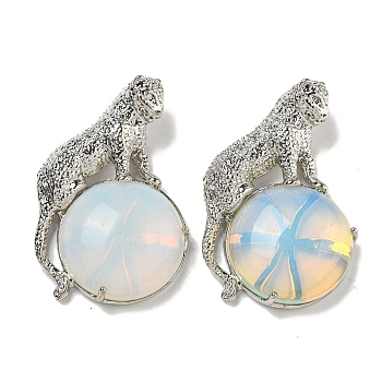 Opalite Half Round Pendants, Rack Plating Brass Leopard Charms, Platinum, Cadmium Free & Lead Free, 42x27x7.5mm, Hole: 3x5mm