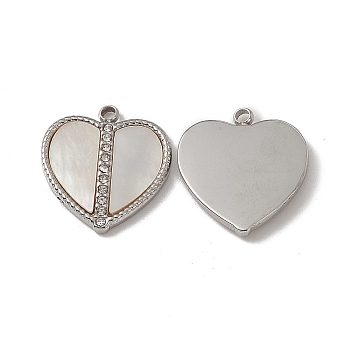 Shell Pendants, Heart Charms, with 201 Stainless Steel Crystal Rhinestone Findings, Stainless Steel Color, 16x15x2mm, Hole: 1.5mm