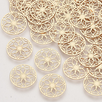 Brass Links connectors, Etched Metal Embellishments, Long-Lasting Plated, Flower of Life, Light Gold, 13x0.3mm, Hole: 1.2mm