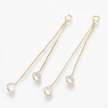 Brass Box Chain Tassel Pendants, with Cubic Zirconia, Clear, Real 18K Gold Plated, 47mm, Hole: 1.5mm