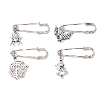 Halloween Antique Silver & Platinum Iron Kilt Pins Brooches, with Alloy Charms, Mixed Shapes, 54~66mm