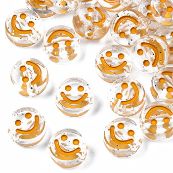 Transparent Acrylic Beads, Horizontal Hole, with Glitter Powder & Enamel, Flat Round with Smile Face, Gold, 10x5mm, Hole: 2mm, about 1600pcs/500g