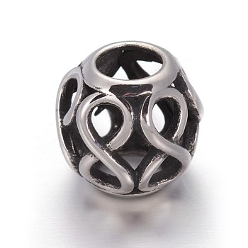 Hollow Retro 316 Surgical Stainless Steel European Style Beads, Large Hole Beads, Hollow, Round with Infinity, Antique Silver, 10.5mm, Hole: 4.5mm
