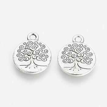 Tibetan Style Alloy Flat Round with Tree of Life Pendants, Cadmium Free & Lead Free, Antique Silver, 19x15.2x2mm, Hole: 2.5mm