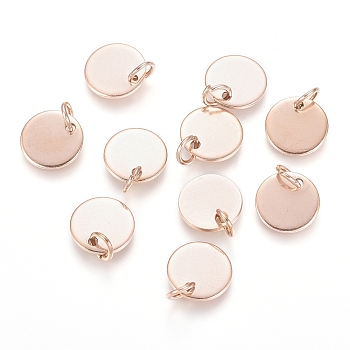 Ion Plating(IP) 304 Stainless Steel Charms, Stamping Blank Tag, with Jump Rings, Flat Round, Rose Gold, 10x1mm, Hole: 3.5mm