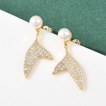 Fishtail Brass Micro Pave Clear Cubic Zirconia Dangle Stud Earrings, with Acrylic Imitation Pearl, Long-Lasting Plated, Rack Plating, Real 18K Gold Plated, 28x13mm