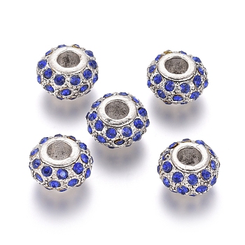 Antique Silver Plated Alloy European Beads, Large Hole Beads, with Rhinestone, Rondelle, Sapphire, 13.5x8mm, Hole: 5mm