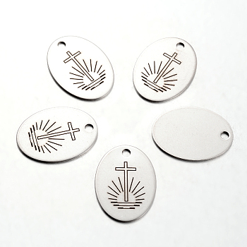 Spray Painted Stainless Steel Pendants, Oval with Cross Pattern, Stainless Steel Color, 30x22x1mm, Hole: 3mm