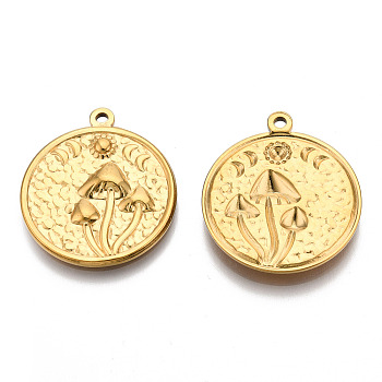 201 Stainless Steel Pendants, Flat Round with Mushroom Charm, Real 18K Gold Plated, 29x25x3mm, Hole: 1.8mm